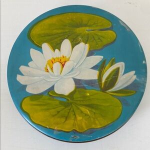 Vintage Blue Tin Water Lily Design - Round Collectible Metal Tin